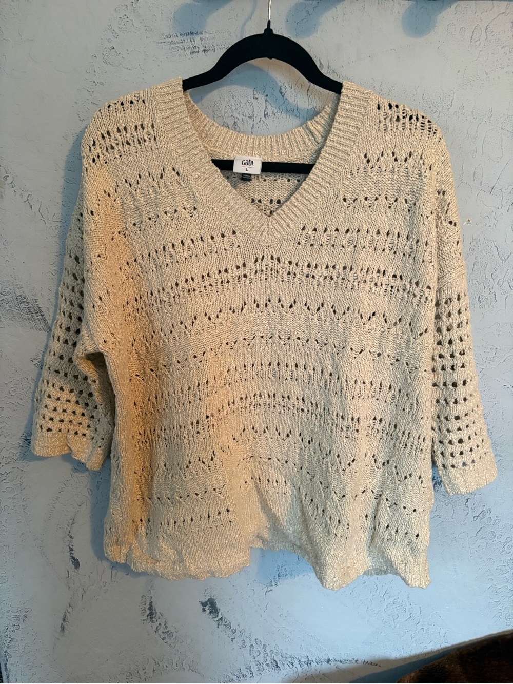 CAbi Cream Openwork V-Neck Sweater